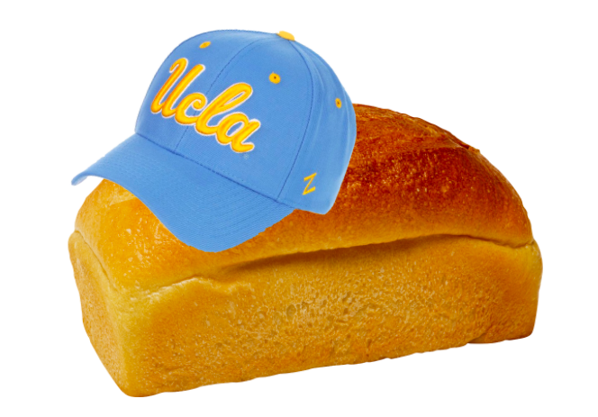 A loaf of bread with a UCLA cap